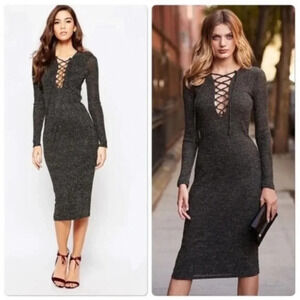 Bardot Black Gold Lace Up Sweater Midi Dress $179